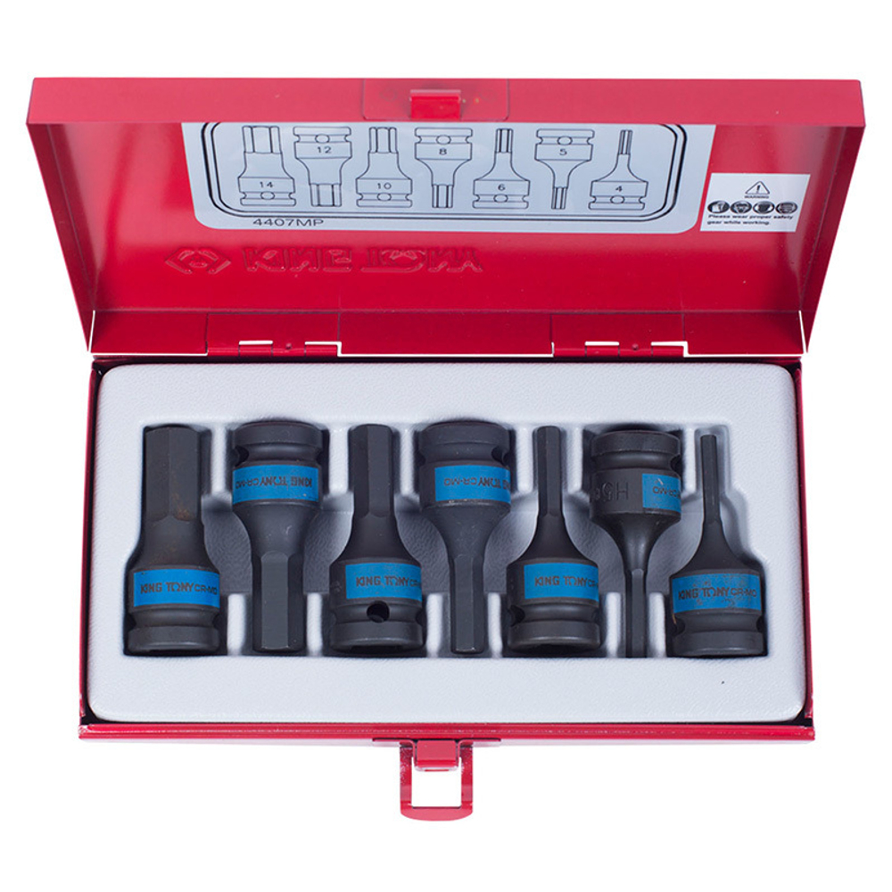 KING TONY (4407MP) Набор ударных торцевых насадок 1/2", HEX, 4-14 мм, 7 предметов