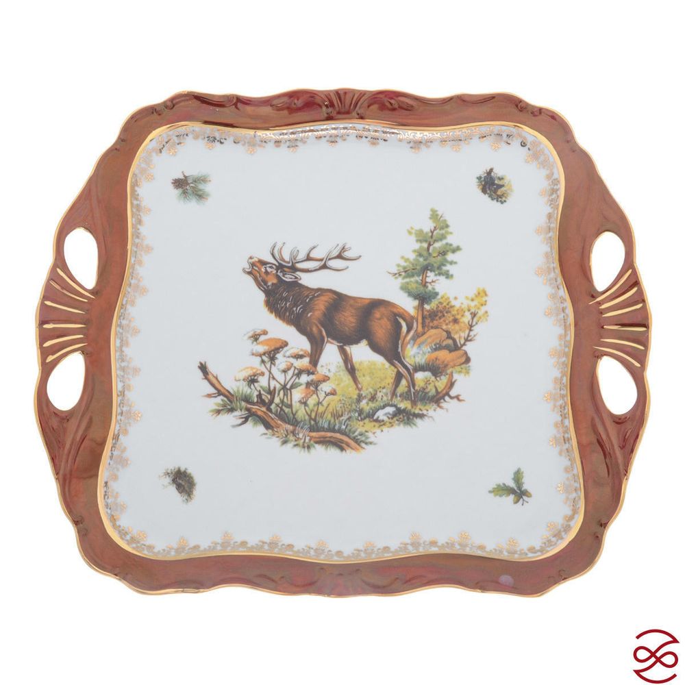 Блюдо квадратное на ножке Queen's Crown Охота красная 34*29см