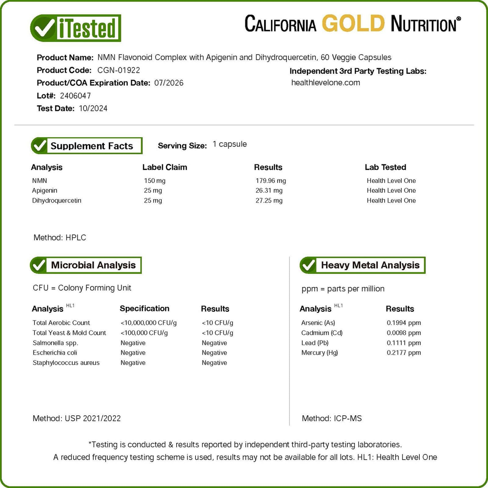 California Gold Nutrition, комплекс флавоноидов с NMN, апигенином и дигидрокверцетином, 60 растительных капсул
