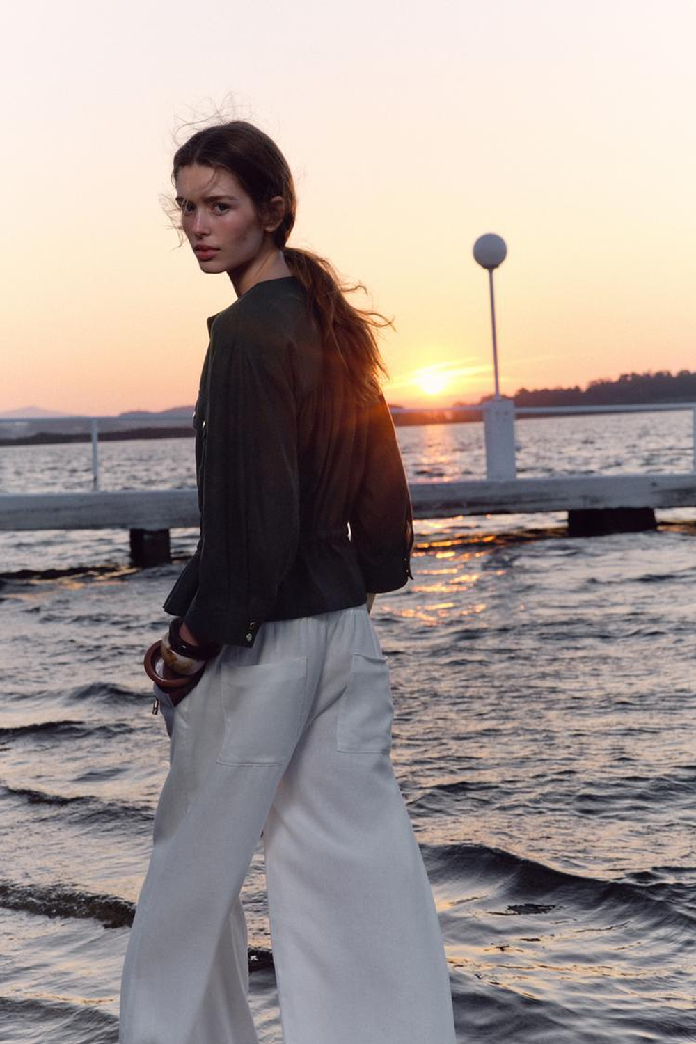 ZARA КУРТКА САФАРИ ИЗ ЛЬНА, МОРСКОЙ СИНИЙ