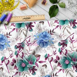 Ткань кулирная гладь крупные яркие цветы и сиреневые листья