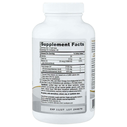 Nordic Naturals, ProOmega 2000-D, омега-3, со вкусом лимона, 1250 мг, 120 капсул (625 мг в 1 капсуле)