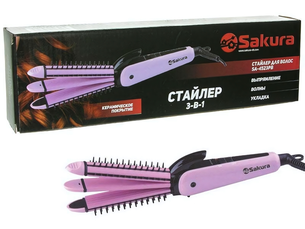 Стайлер 3-в-1 выпрямитель, плойка-гофре и укладка 38Вт с керамическим покрытием SA-4523PB