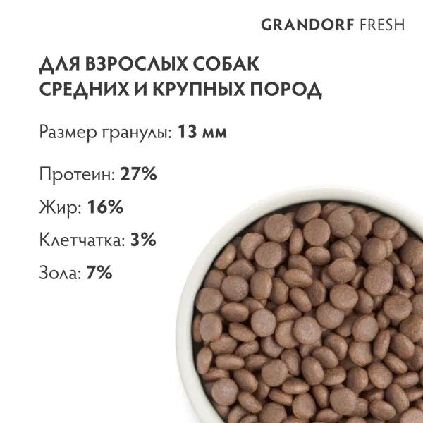 Сухой корм GRANDORF Fresh Dog Adult Med&Maxi Turkey&Sweet Potato для собак средних и крупных пород из свежего мяса индейки с бататом