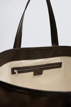 ZARA ТКАНЕВАЯ СУМКА-ШОПЕР, КОРИЧНЕВЫЙ