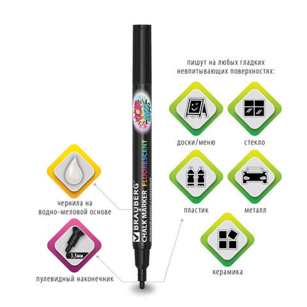 Маркер меловой "POP-ART" ЧЕРНЫЙ, 3,5 мм, сухостираемый, для гладких поверхностей, BRAUBERG, 151525