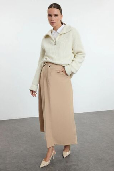 Бежевая тканая юбка с карманом и клапаном TCTAW25EE00010