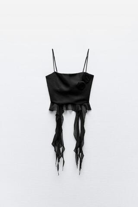 ZARA ТОП ИЗ ХЛОПКОВОГО МУСЛИНА С РЕЛЬЕФНЫМ ЦВЕТКОМ, ЧЕРНЫЙ