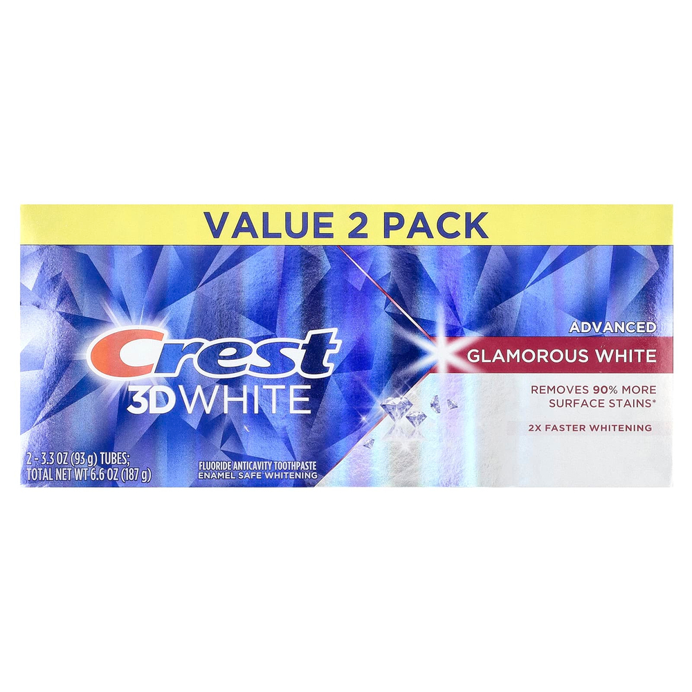 Crest, 3D White, фторсодержащая зубная паста от кариеса, улучшенная, с эффектом гламурного белого цвета, 2 тюбика по 93 г (3,3 унции)