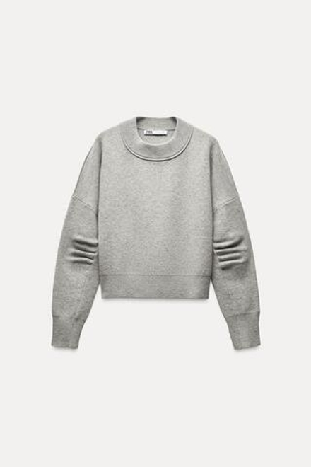 ZARA ТРИКОТАЖНЫЙ СВИТЕР СО СКЛАДКАМИ НА РУКАВАХ, СЕРЫЙ С МЕЛАНЖЕВЫМ ЭФФЕКТОМ