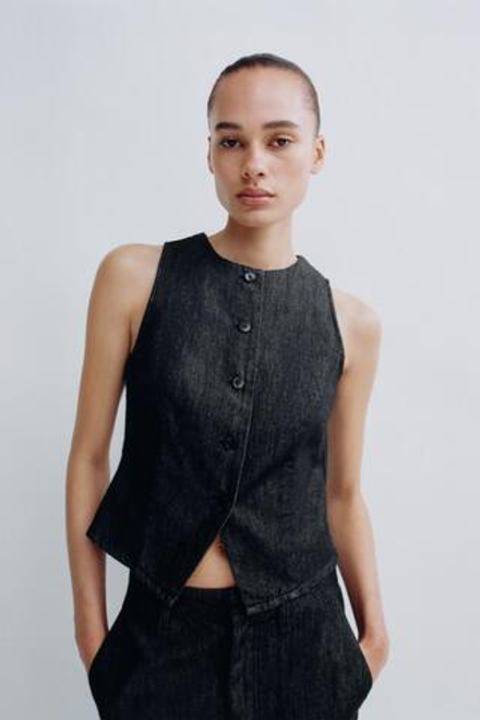 ZARA ДЖИНСОВЫЙ ЖИЛЕТ TRF, АНТРАЦИТОВО-СЕРЫЙ