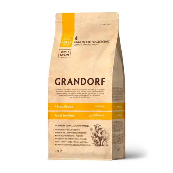Сухой корм Grandorf Сat 4 Meat PROBIOTIC STERILISED, для стерилизованных кошек, с пробиотиком, 2 кг