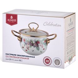 КАСТРЮЛЯ ЭМАЛИРОВАННАЯ AGNESS СО СТЕКЛЯННОЙ КРЫШКОЙ СЕРИЯ "CELEBRATION", 1.5 Л, 16*10 СМ