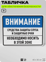 Табличка для обеспечения безопасности "Средства защиты слуха и защитные очки", для производства, предприятия, организаций, 40х30 см, Silver Plane x Айдентика Технолоджи