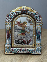 Георгий Победоносец, икона арочная с рамкой под стеклом, белое дерево, эмаль 167х228