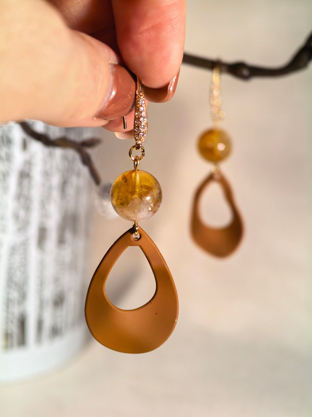 Серьги Солнечные грани с цитрином, коричневый