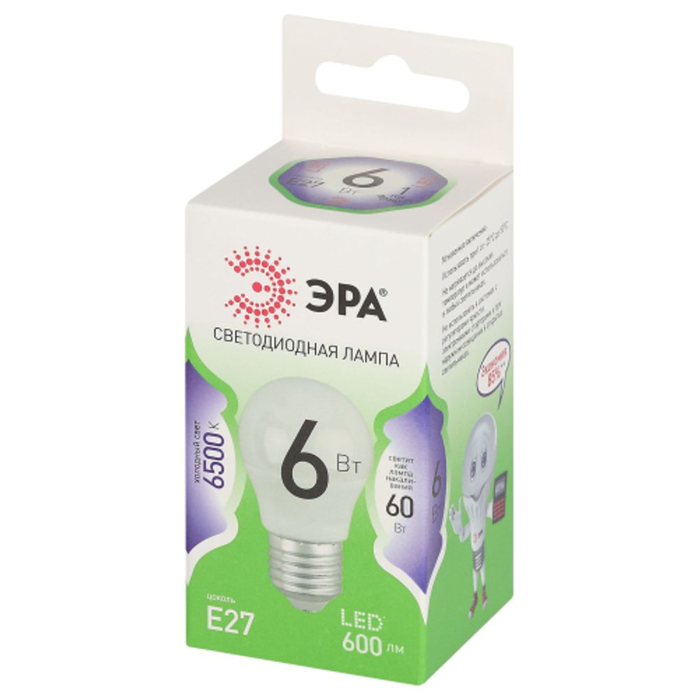 Лампа светодиодная ЭРА GREEN LINE LED P45-6W-865-E27 GL E27 6 Вт шар холодный свет | Лампы cветодиодные Шар (G/P)