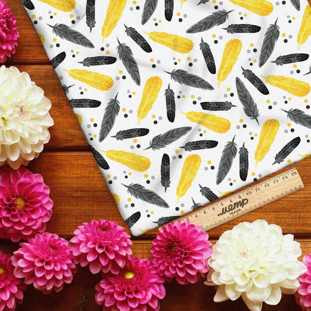 Ткань атлас черно-желтые перья