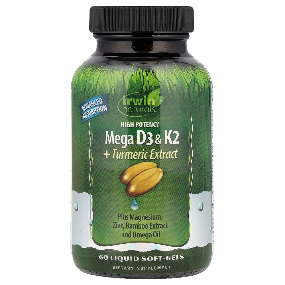 Irwin Naturals, высокоэффективный мегакомплекс витаминов D3 и К2 с экстрактом куркумы, 60 капсул с жидкостью