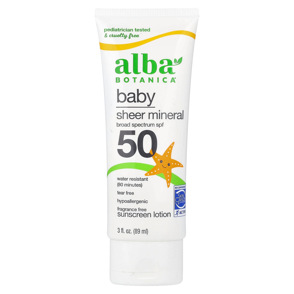 Alba Botanica, детский прозрачный минеральный солнцезащитный лосьон, SPF 50, без отдушек, 89 мл (3 жидк. унции)