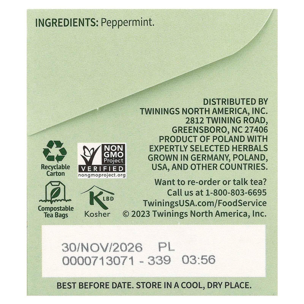 Twinings, травяной чай, чистая перечная мята, без кофеина, 25 чайных пакетиков, 50 г (1,76 унции)
