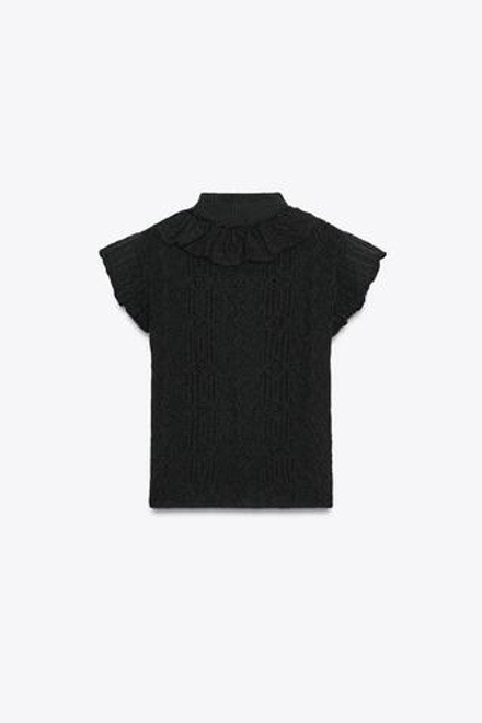 ZARA ТОП ИЗ ТРИКОТАЖА «РИШЕЛЬЕ» С ВОЛАНАМИ, ЧЕРНЫЙ