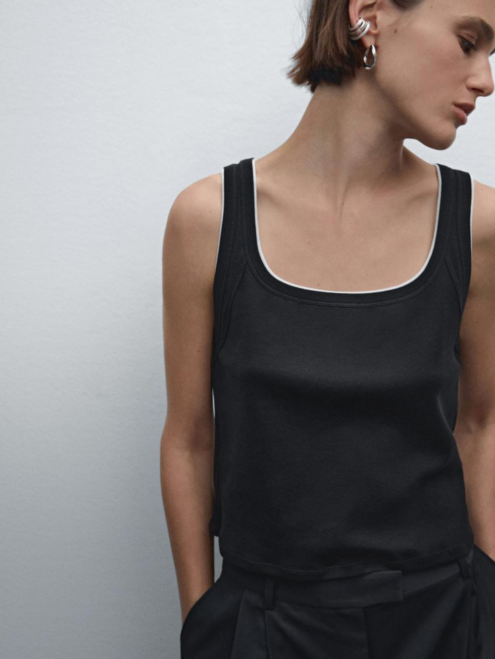 Massimo Dutti Футболка из хлопка в рубчик, черный