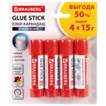Клей-карандаш 15 г упаковка BRAUBERG 4 штуки на блистере (12 штук в упаковке)