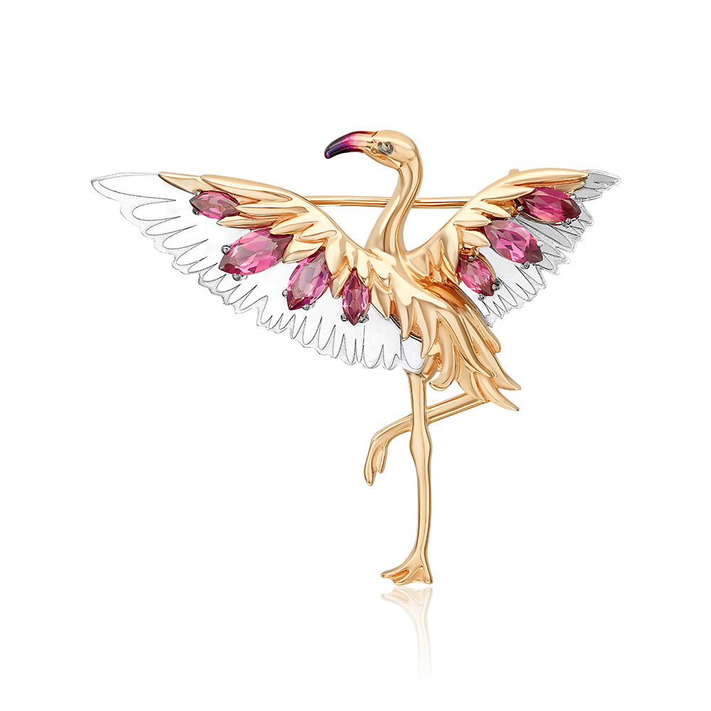 Брошь «Розовый фламинго» из комбинированного золота с гранатми и эмалью