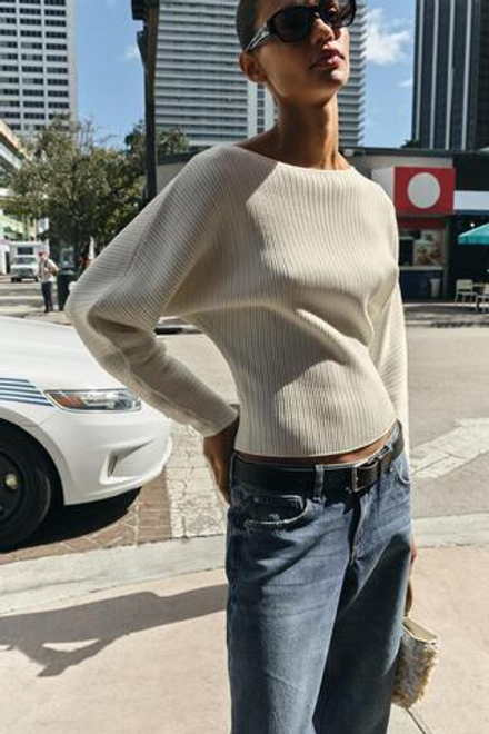 ZARA ДЖЕМПЕР В РУБЧИК С ОБЪЕМНЫМИ РУКАВАМИ, ЭКРЮ