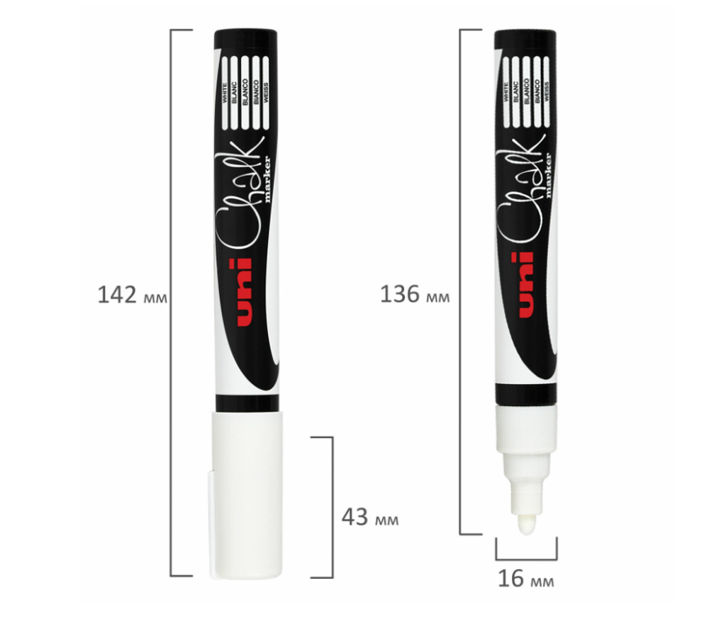 Маркер меловой UNI "Chalk", 1,8-2,5 мм, БЕЛЫЙ, влагостираемый, для гладких поверхностей, PWE-5M WHIT