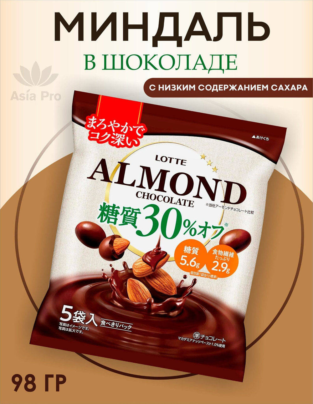 Миндаль в шоколаде Almond с низким содержанием углеводов семейная пачка, Lotte, 98г