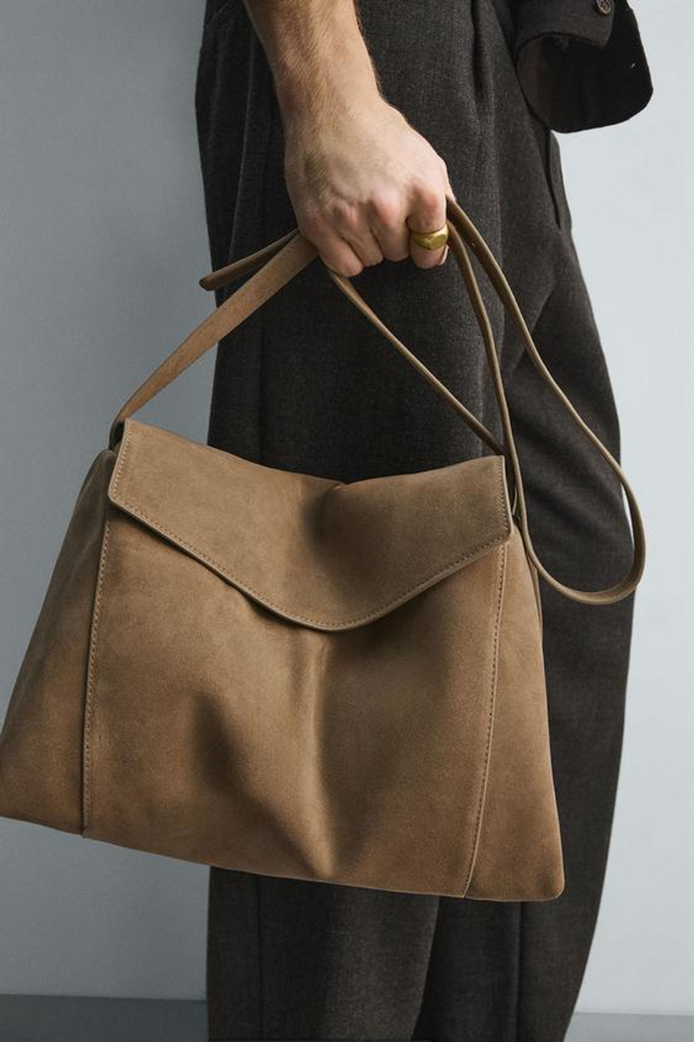 ZARA КОЖАНАЯ СУМКА С ПЛЕЧЕВЫМ РЕМНЕМ L LIMITED EDITION, ЗЕЛЕНЫЙ ХАКИ