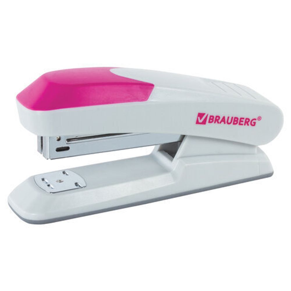 Степлер №24/6, 26/6 BRAUBERG "Delta", до 20 листов, с резиновой накладкой, серый, розовая вставка, 222557
