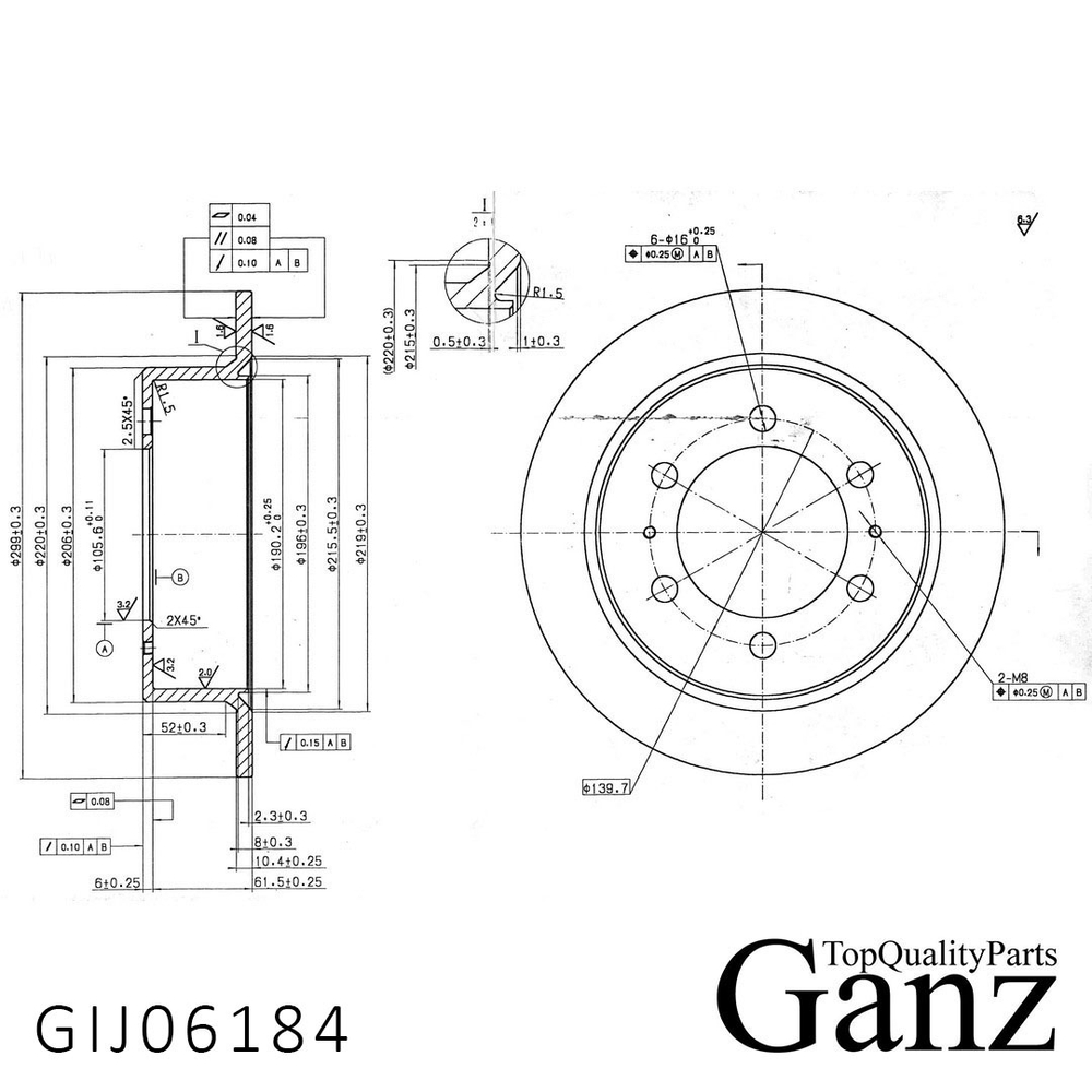 Диск тормозной задний с покрытием SSANG YONG Korando/Musso/Rexton /D=299mm GANZ GIJ06184