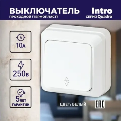Переключатель Intro Quadro 2-103-01 одноклавишный 10А-250В IP20 ОУ белый