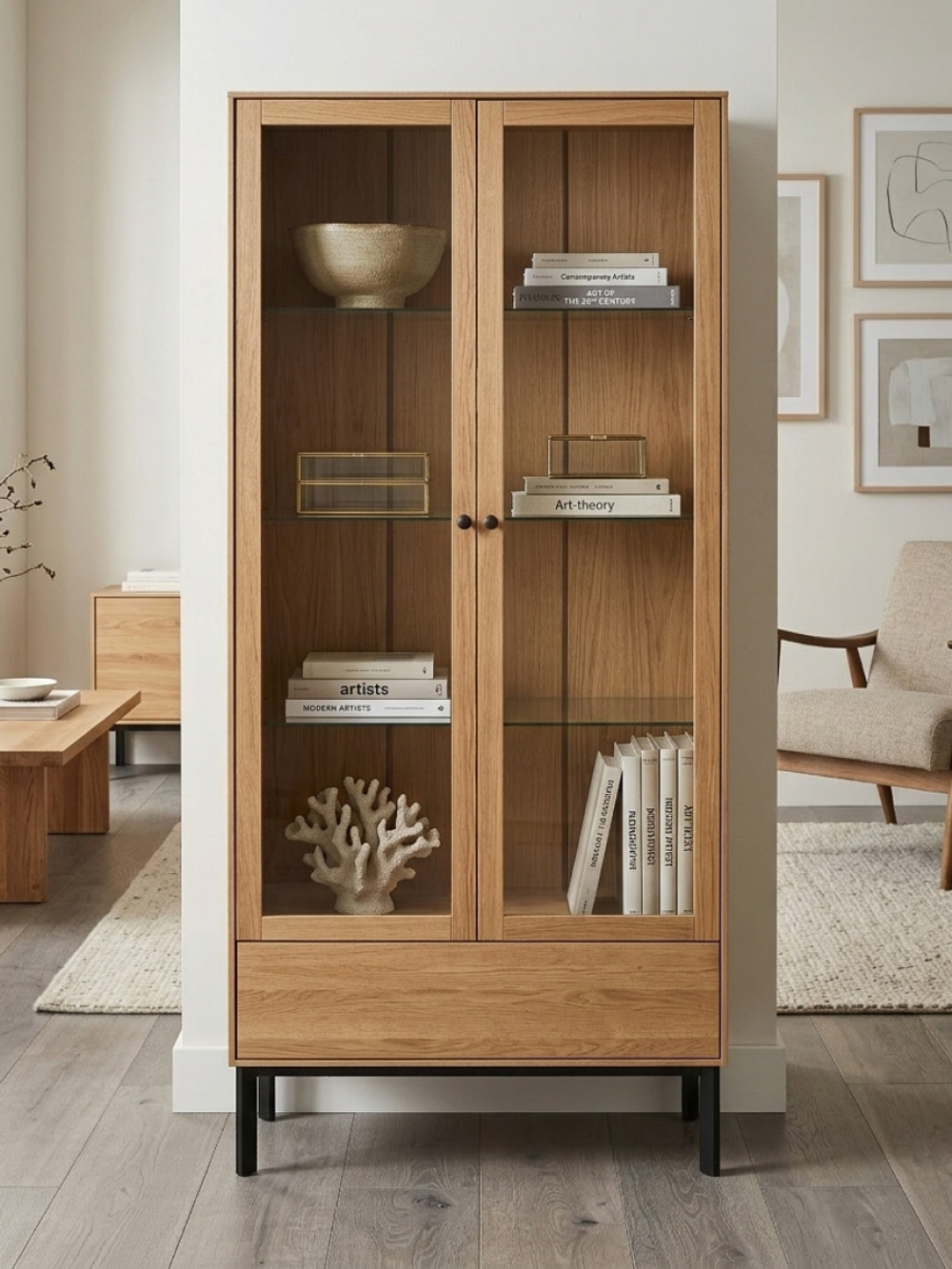 Шкаф-витрина дизайнерская 2 двери Виби 185х85х31 из дуба в стиле лофт, на металлических ножках