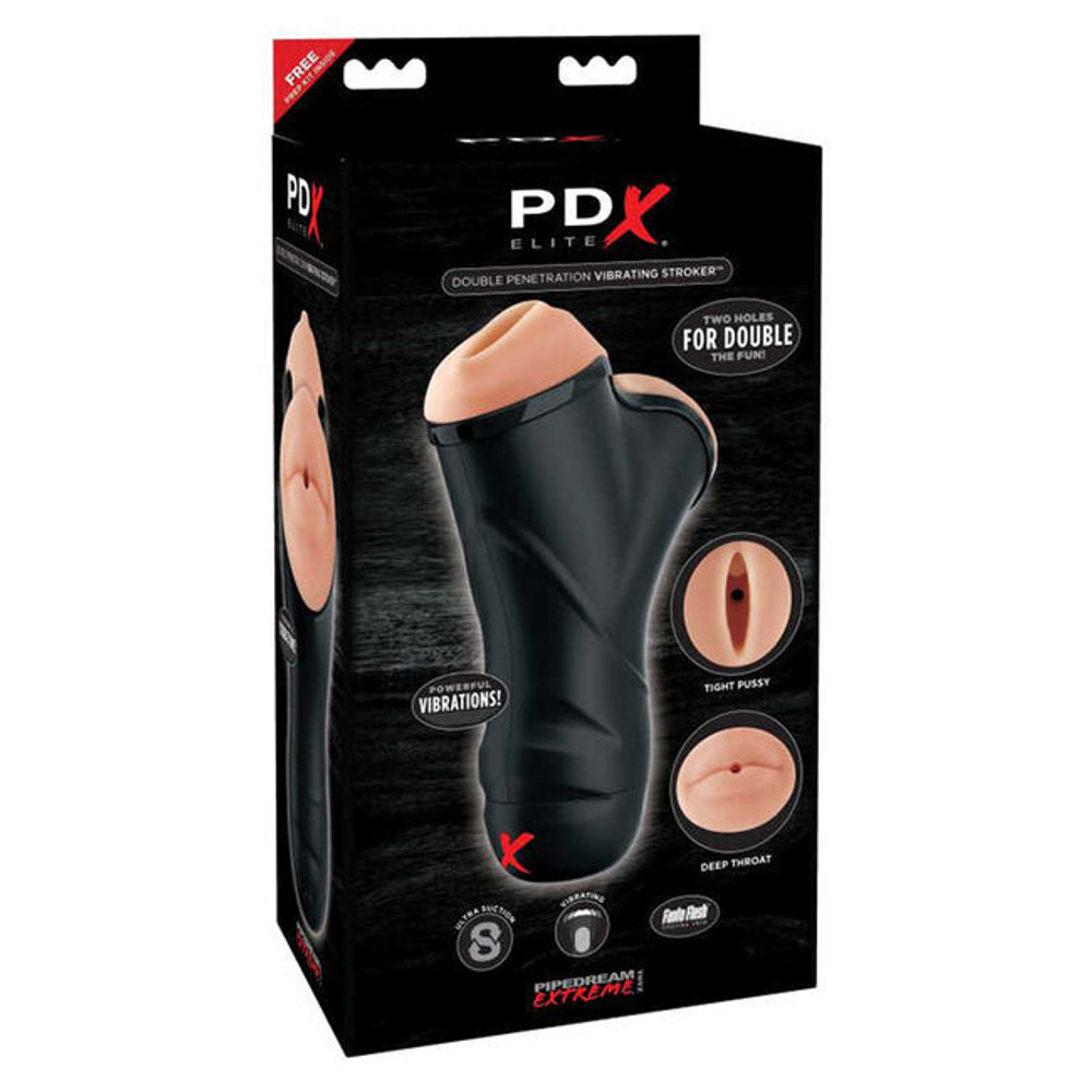 Мастурбатор вагина и ротик с вибрацией PDX ELITE Double Penetration Vibrating Stroker (Цвет: Черный и телесный)