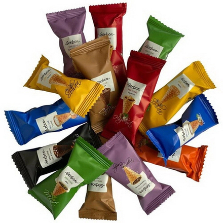 Ассорти мини-рожков хрустящих Сорбон с начинками Радуга / Sorbon Mini Cone Assorted Rainbow 1.5кг