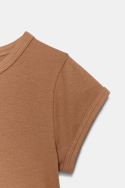 ZARA ФУТБОЛКА В РУБЧИК С КОРОТКИМИ РУКАВАМИ, ТЕМНЫЙ РЫЖЕВАТО-КОРИЧНЕВЫЙ