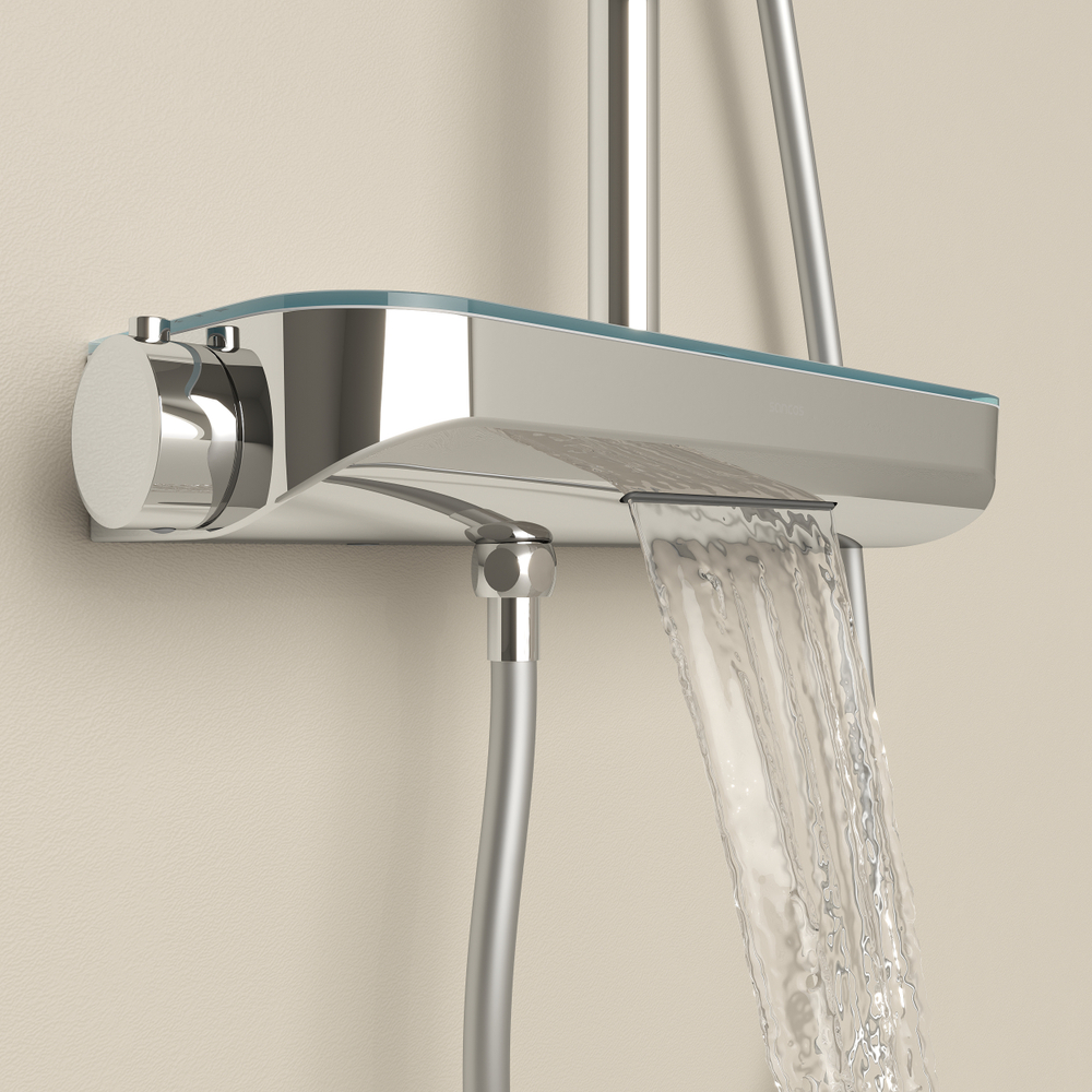 Душевая стойка Sancos Teo с термостатом, изливом и полкой, хром, SC11002CH