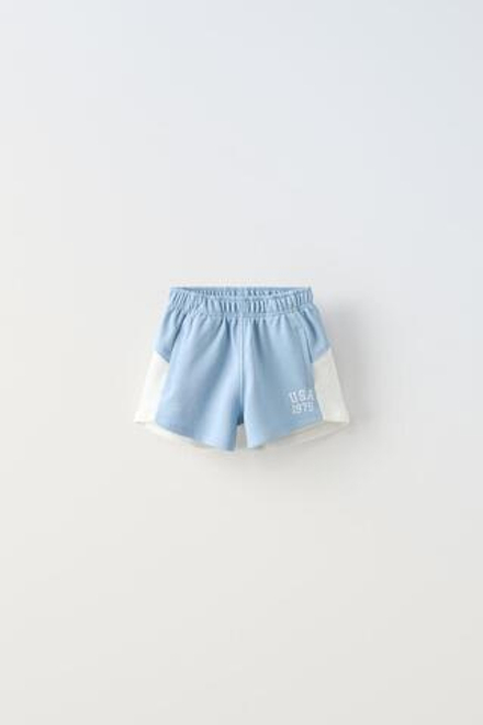 ZARA ШОРТЫ-БЕРМУДЫ В СТИЛЕ КОЛОР-БЛОК С НАДПИСЬЮ, СИНИЙ