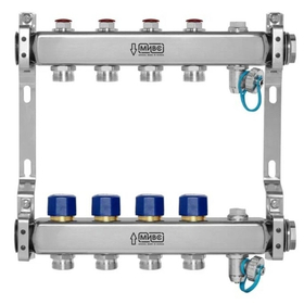Коллекторная группа HH232А из нержавеющей стали с запорно-балансировочными​ клапанами, термостатическими клапанами, воздухоотводчиками и дренажными клапанами, 1"х3/4" (евроконус), МИВС