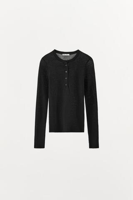 ZARA ФУТБОЛКА С ПУГОВИЦАМИ ИЗ ХЛОПКА, ЧЕРНЫЙ