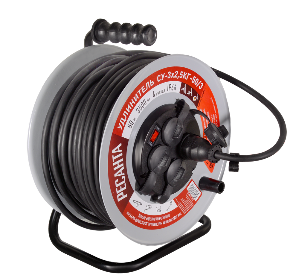 Удлинитель силовой на металлической катушке Ресанта СУ-3х2,5КГ-50/3 (с выкл., 4 розетки, IP44)