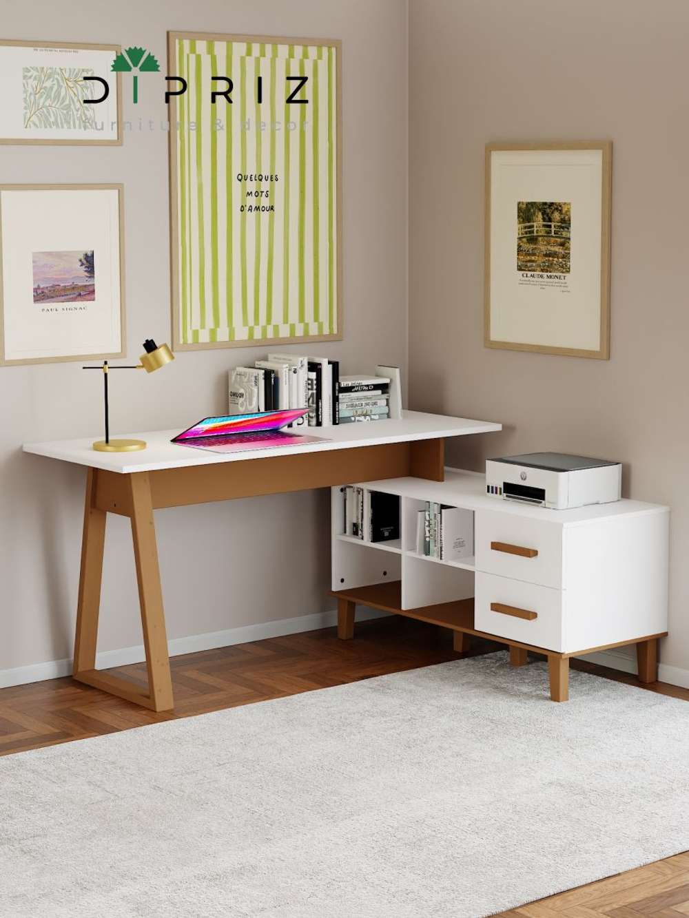 Стол письменный угловой Вест 158х130х77 см, белый, с 2 ящиками и полками, на ножках из массива сосны