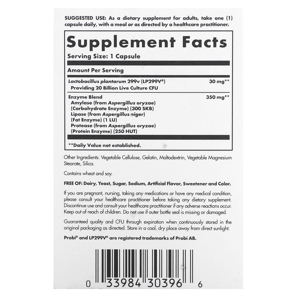 Solgar, Probi Plus Enzyme, пробиотический ферментный комплекс, 20 млрд КОЕ, 30 капсул