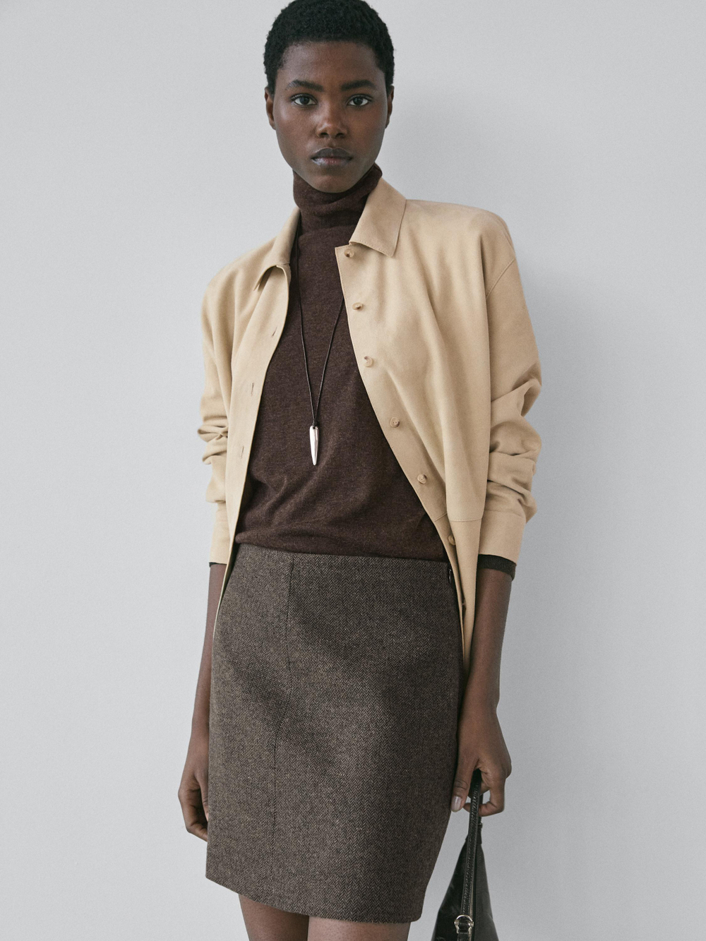 Massimo Dutti Мини-юбка из шерстяной смеси, шоколадный