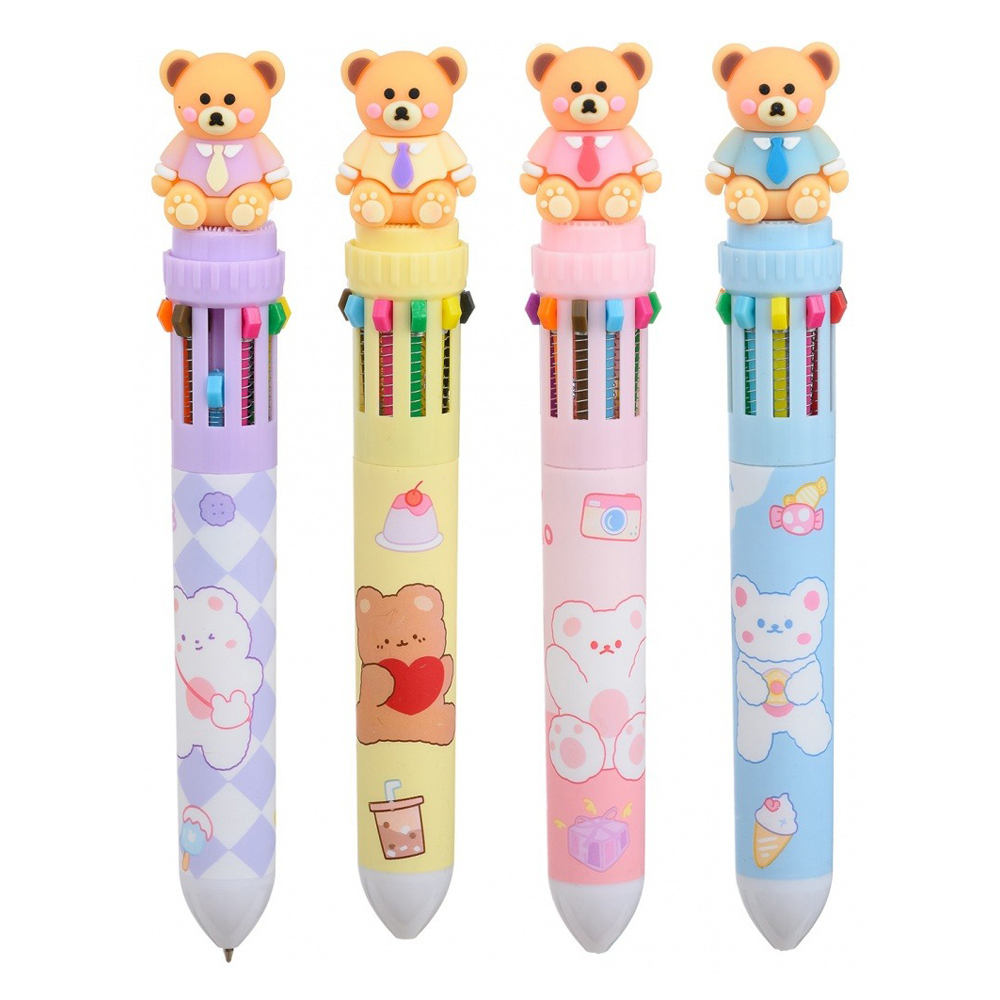 Ручка шариковая, автоматическая, 10в1, Basir, серия "Мишки", 10-ти цветная, с резиновой фигуркой, 36 шт