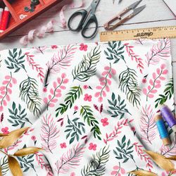 Ткань кулирная гладь розовые и зелёные листья на бежевом фоне